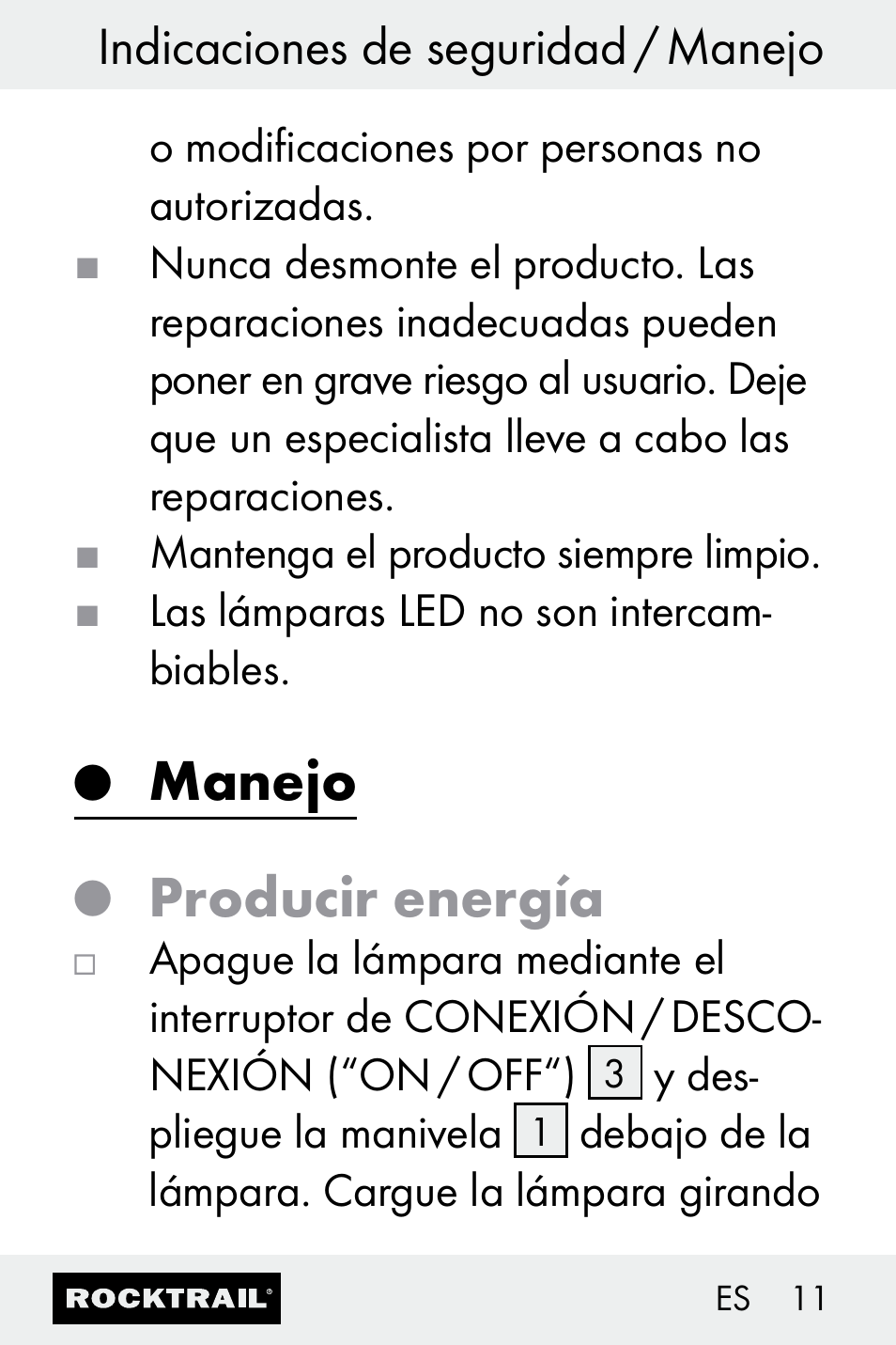 Manejo, Producir energía, Indicaciones de seguridad / manejo | Rocktrail Z30693 User Manual | Page 11 / 50