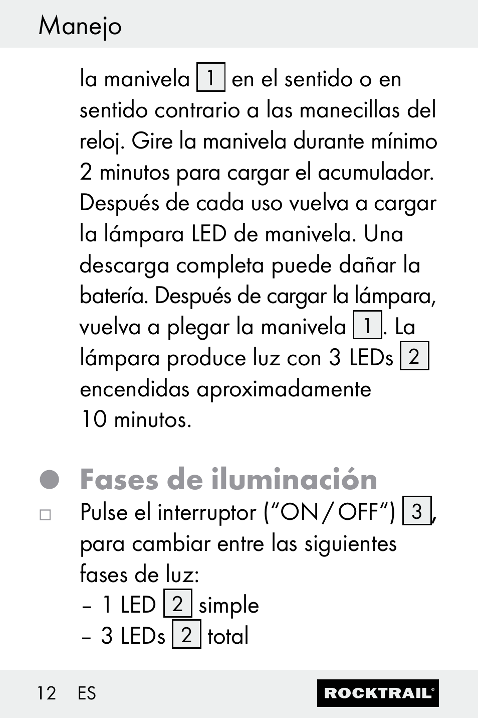 Fases de iluminación, Manejo | Rocktrail Z30693 User Manual | Page 12 / 50