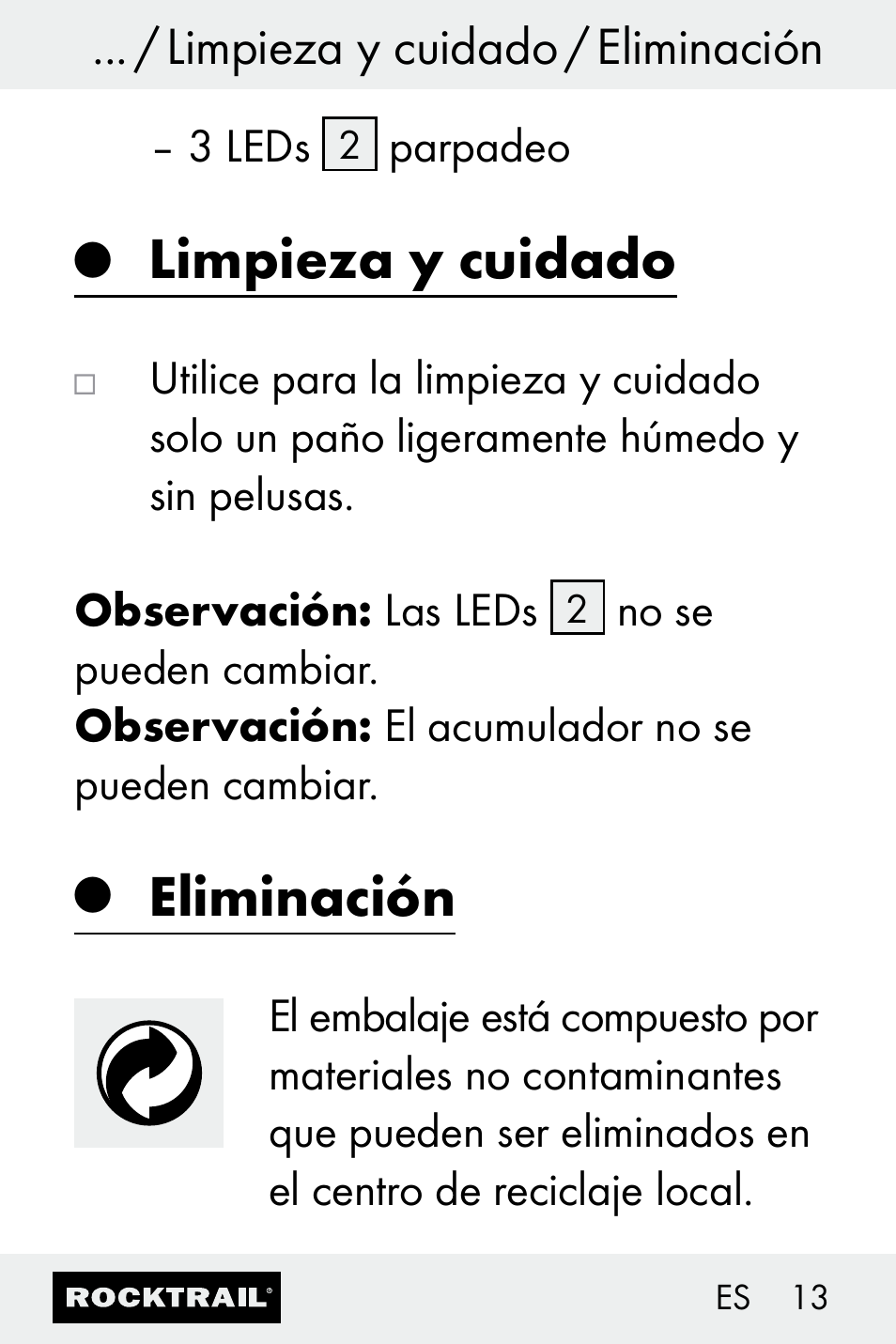 Limpieza y cuidado, Eliminación, Limpieza y cuidado / eliminación | Rocktrail Z30693 User Manual | Page 13 / 50