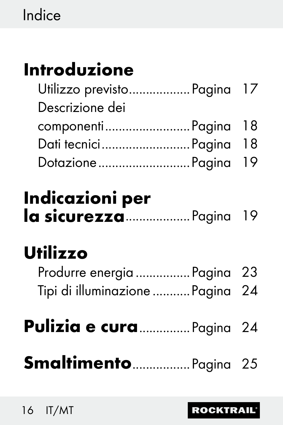 Introduzione, Indicazioni per la sicurezza, Utilizzo | Pulizia e cura, Smaltimento | Rocktrail Z30693 User Manual | Page 16 / 50