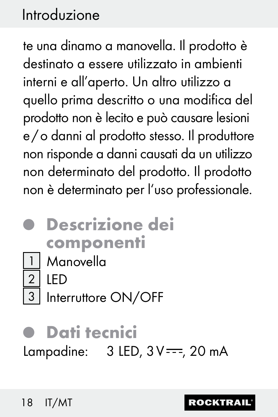 Descrizione dei componenti, Dati tecnici | Rocktrail Z30693 User Manual | Page 18 / 50