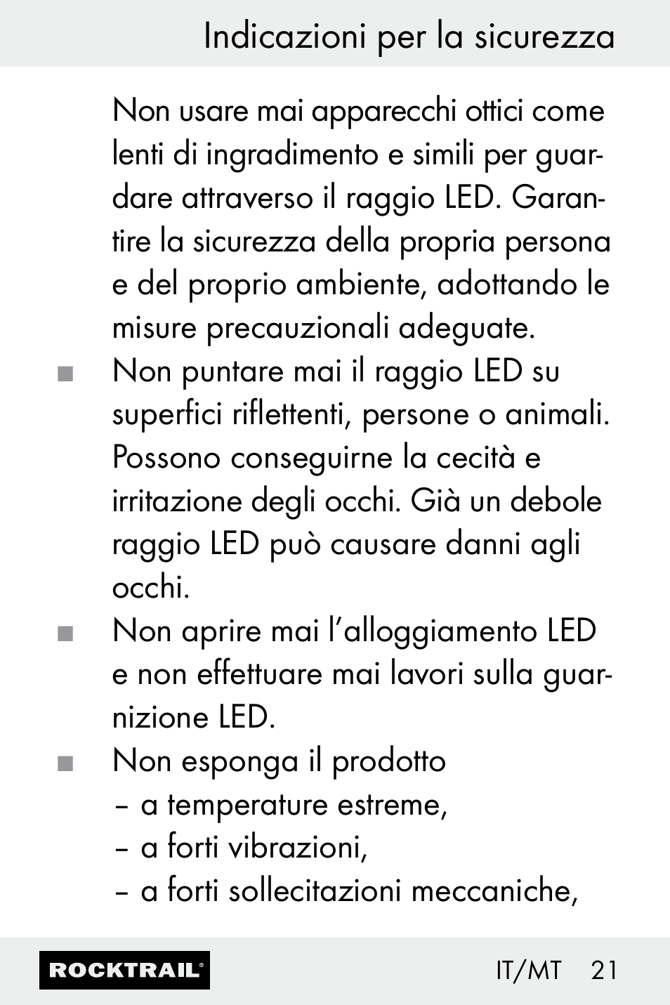 Indicazioni per la sicurezza | Rocktrail Z30693 User Manual | Page 21 / 50