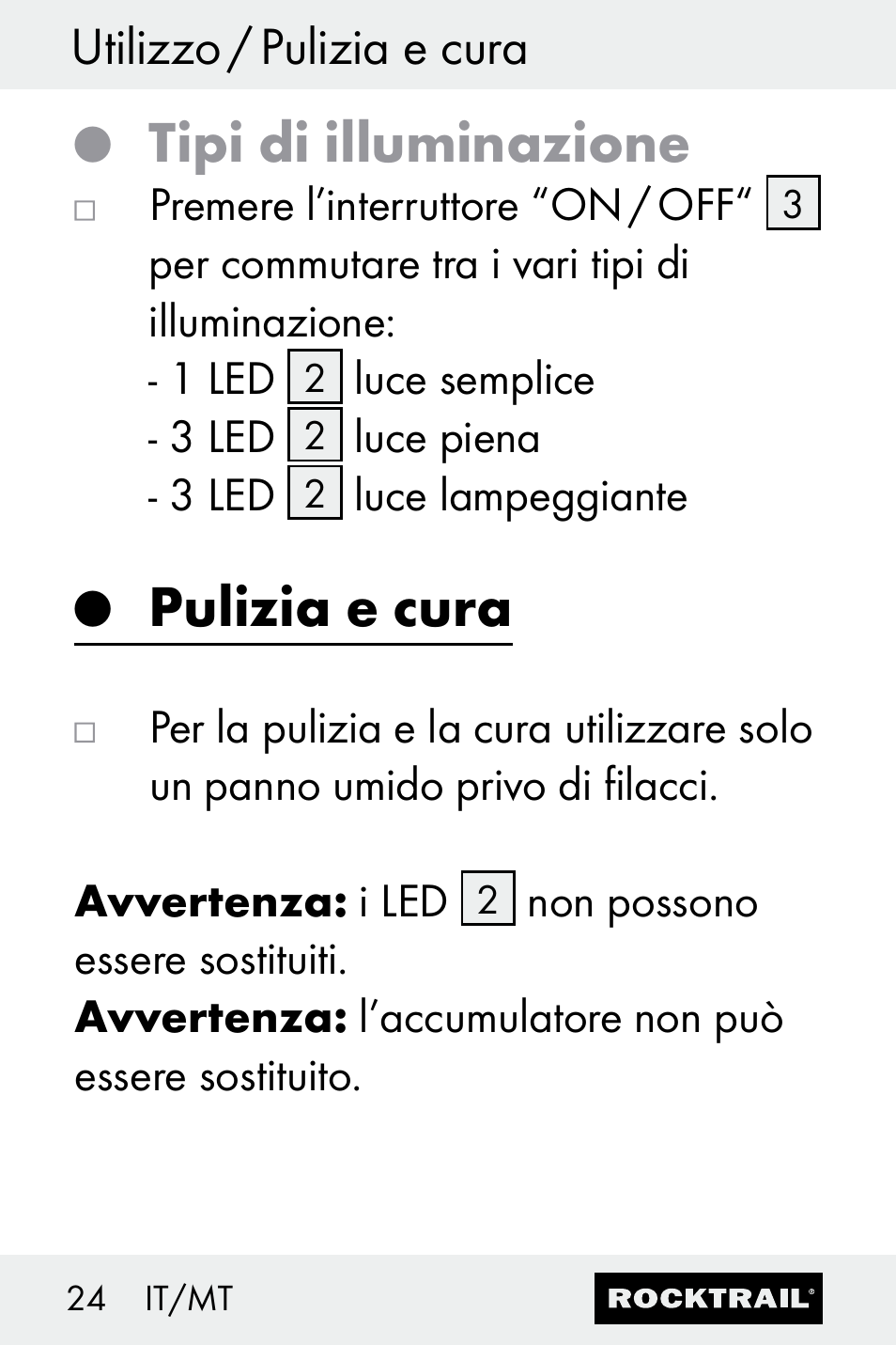 Tipi di illuminazione, Pulizia e cura, Utilizzo / pulizia e cura | Rocktrail Z30693 User Manual | Page 24 / 50