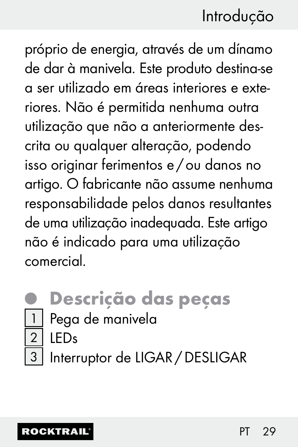 Descrição das peças, Introdução | Rocktrail Z30693 User Manual | Page 29 / 50