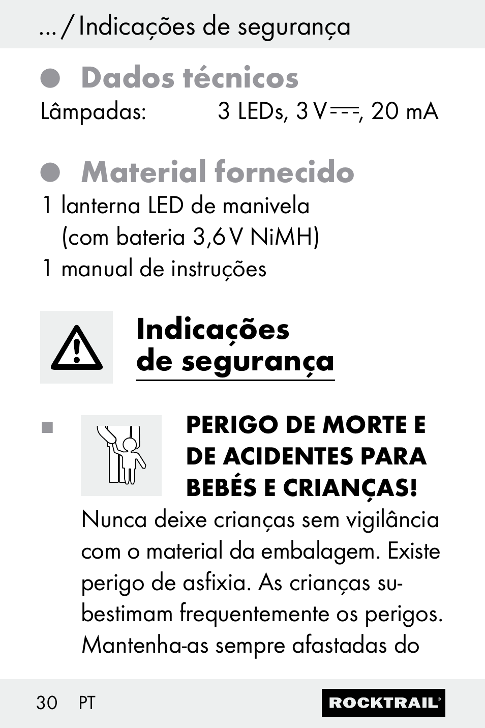 Dados técnicos, Material fornecido, Indicações de segurança | Rocktrail Z30693 User Manual | Page 30 / 50