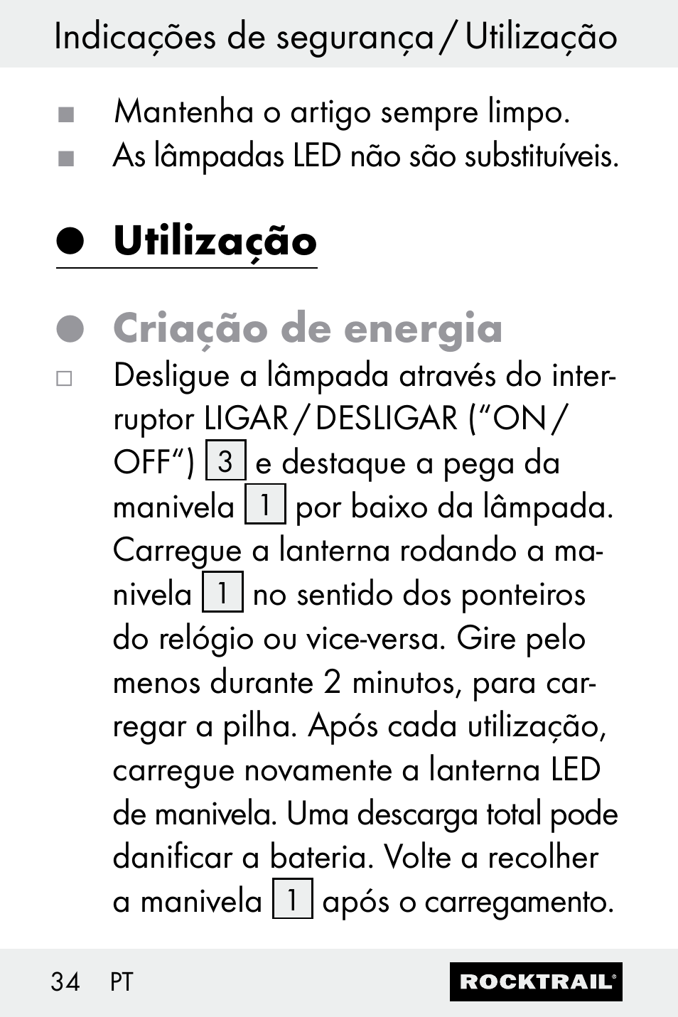 Utilização, Criação de energia, Indicações de segurança / utilização | Rocktrail Z30693 User Manual | Page 34 / 50