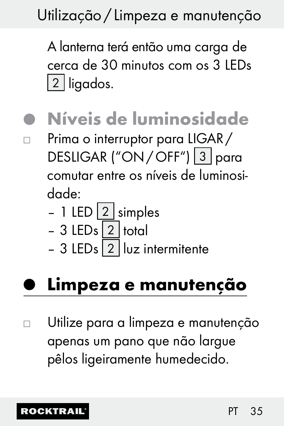 Níveis de luminosidade, Limpeza e manutenção, Utilização / limpeza e manutenção | Rocktrail Z30693 User Manual | Page 35 / 50