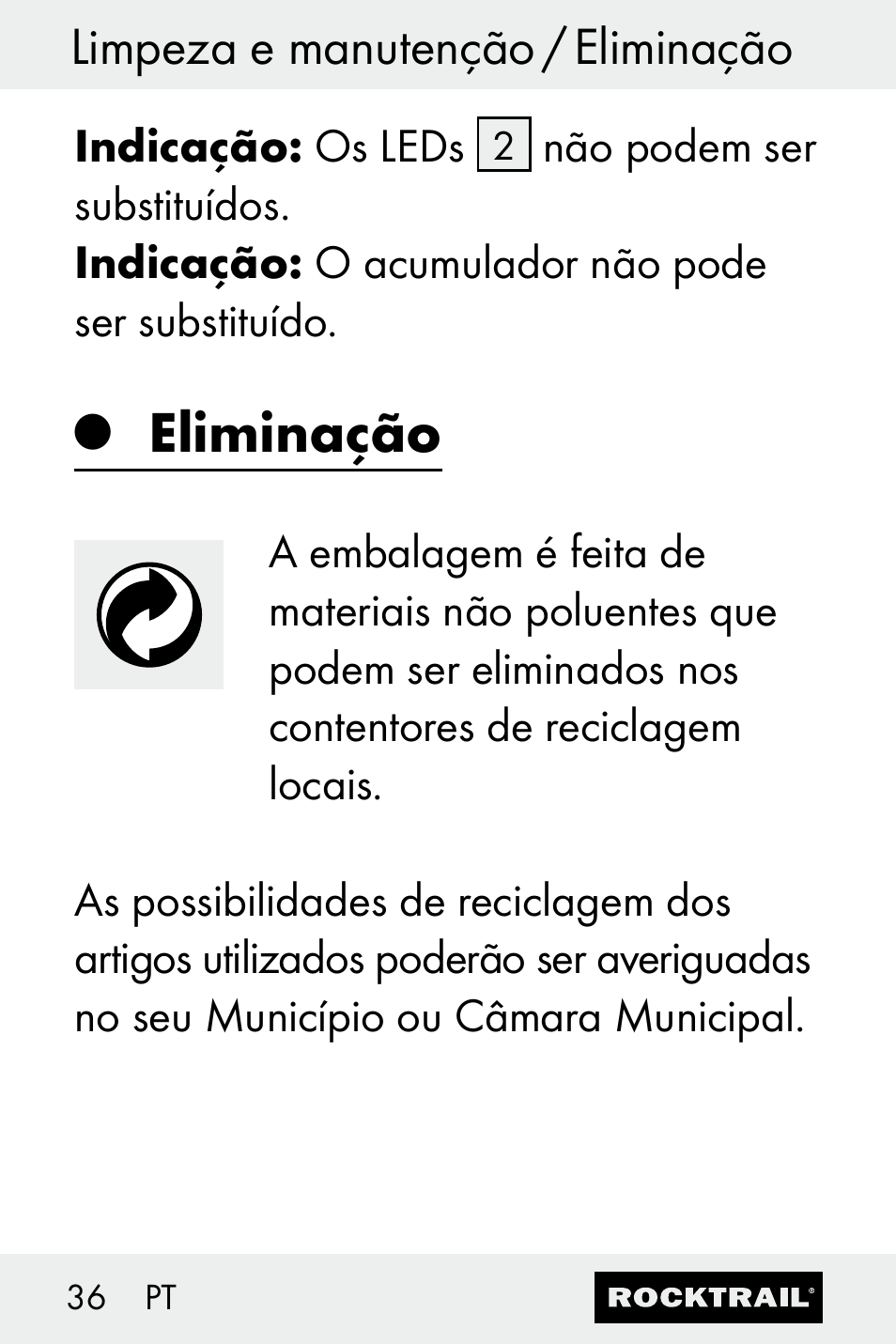 Eliminação, Limpeza e manutenção / eliminação | Rocktrail Z30693 User Manual | Page 36 / 50