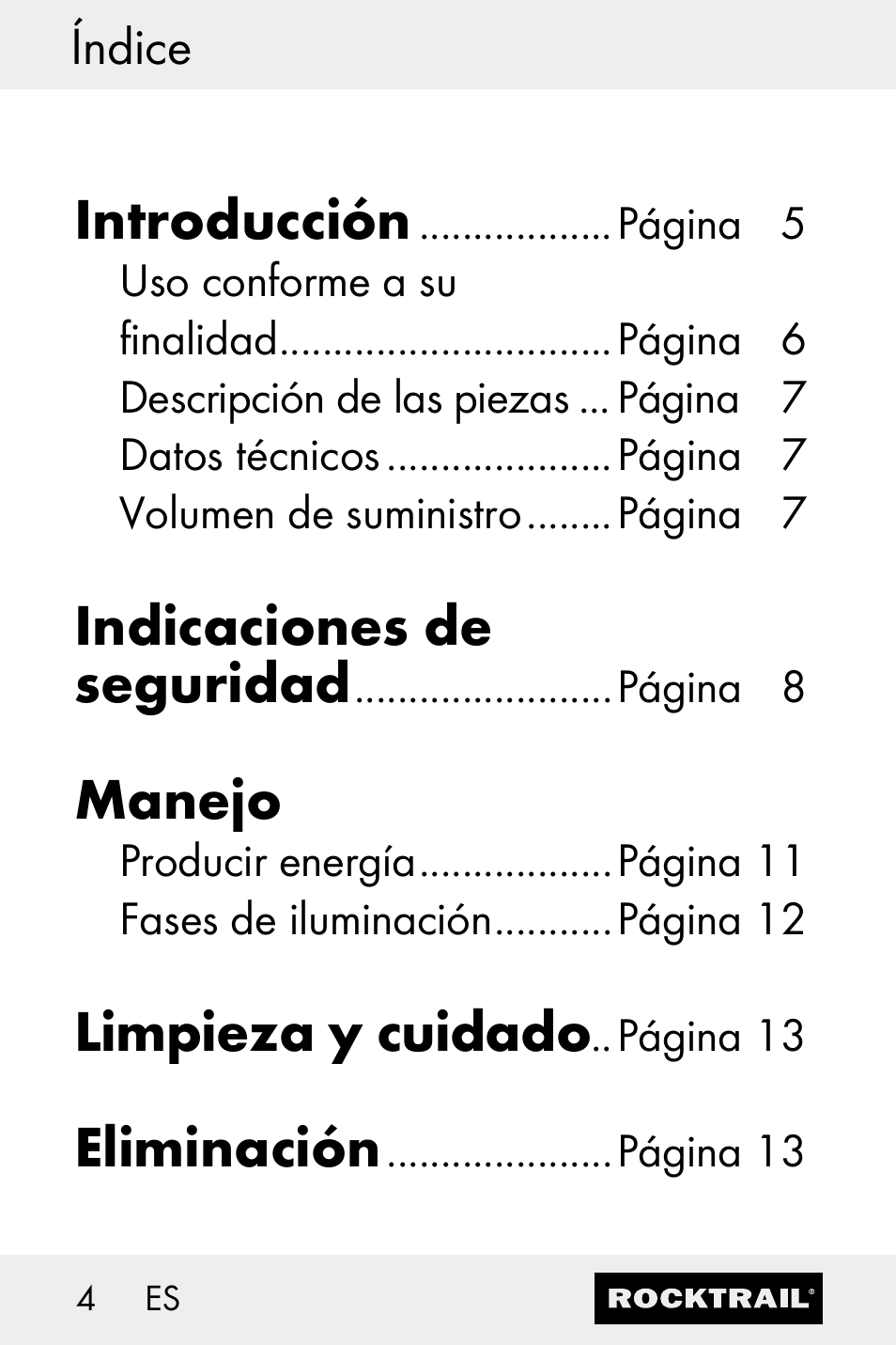 Introducción, Indicaciones de seguridad, Manejo | Limpieza y cuidado, Eliminación | Rocktrail Z30693 User Manual | Page 4 / 50