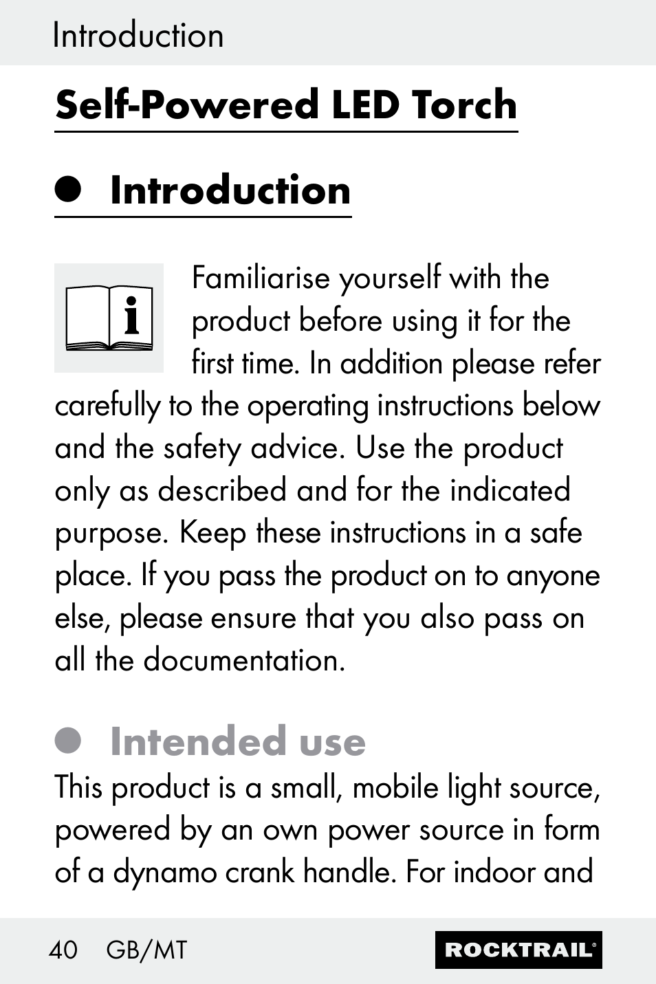 Self-powered led torch, Introduction, Intended use | Rocktrail Z30693 User Manual | Page 40 / 50