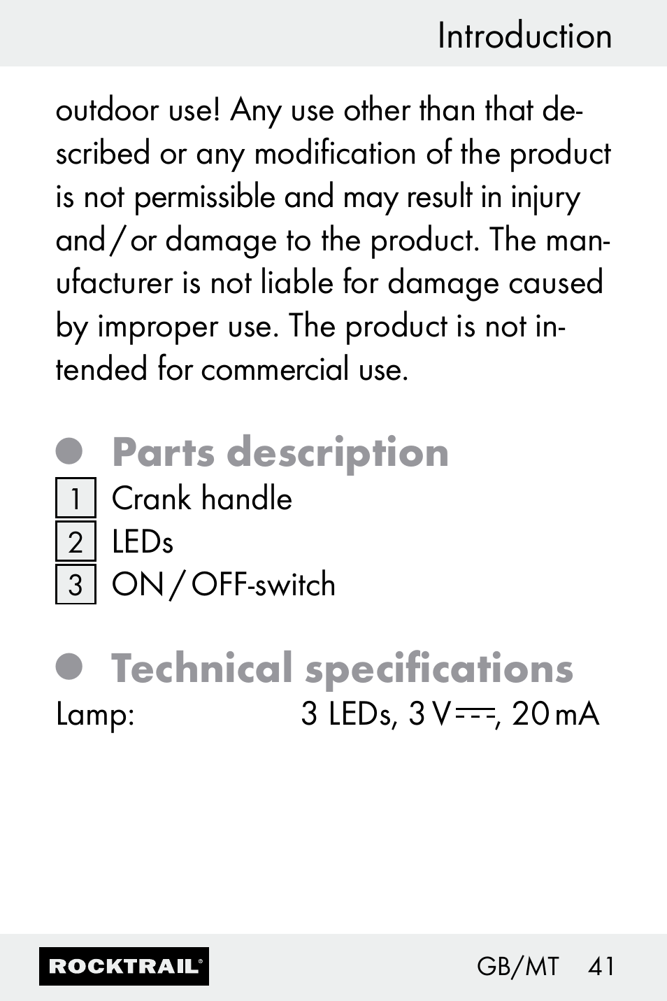 Parts description, Technical specifications, Introduction | Rocktrail Z30693 User Manual | Page 41 / 50