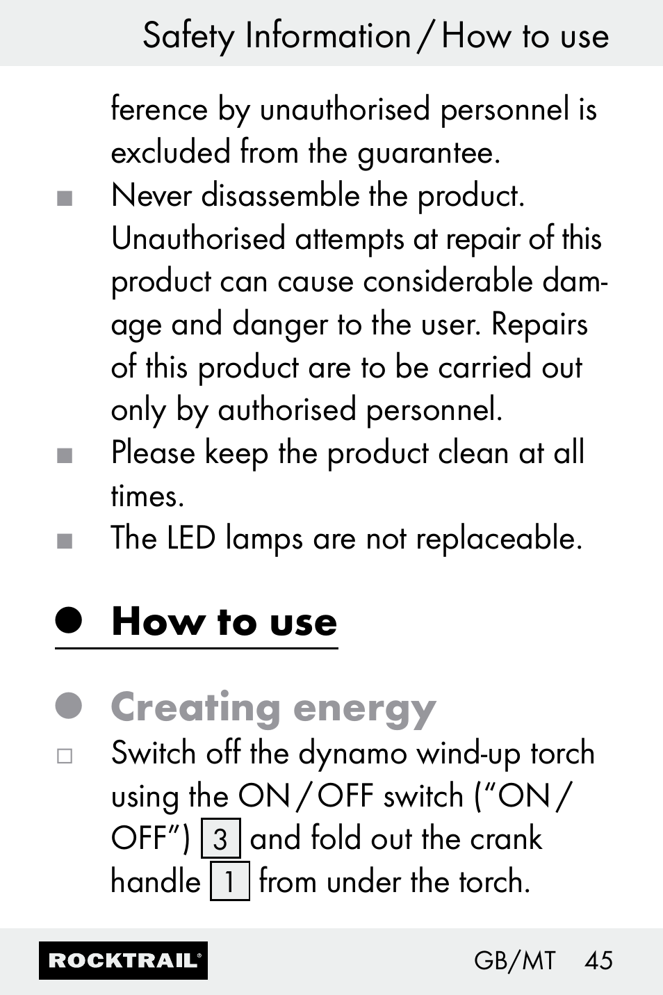 How to use, Creating energy, Safety information / how to use | Rocktrail Z30693 User Manual | Page 45 / 50