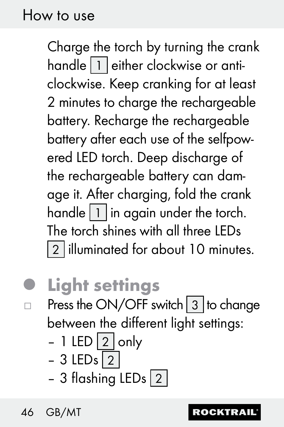 Light settings, How to use | Rocktrail Z30693 User Manual | Page 46 / 50