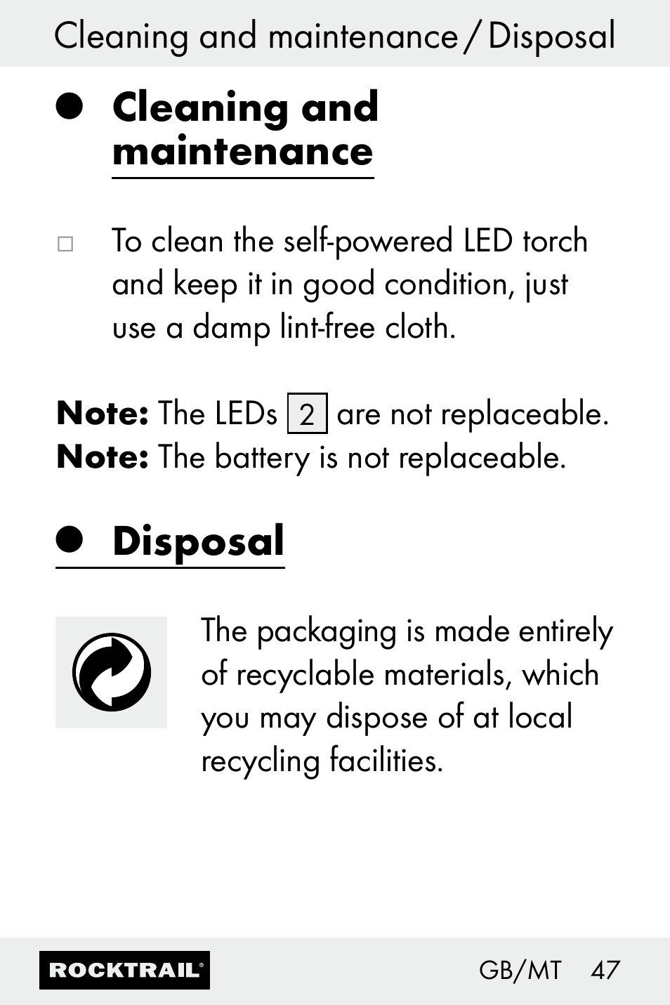 Cleaning and maintenance, Disposal | Rocktrail Z30693 User Manual | Page 47 / 50