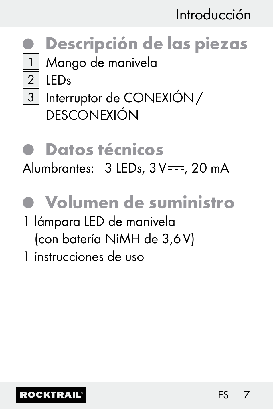 Descripción de las piezas, Datos técnicos, Volumen de suministro | Introducción | Rocktrail Z30693 User Manual | Page 7 / 50