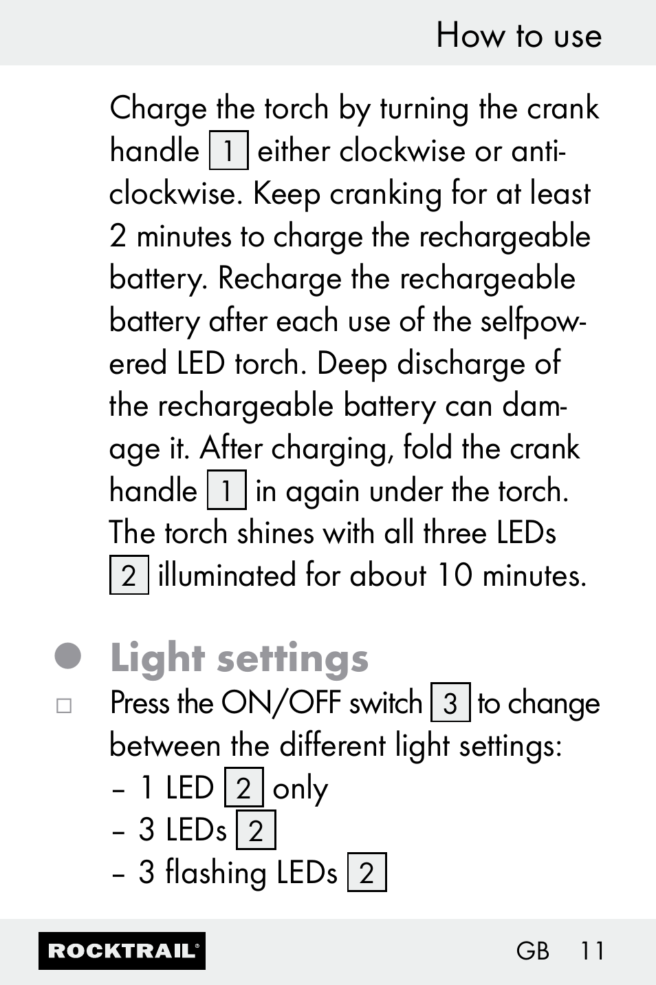 Light settings, How to use | Rocktrail Z30693 User Manual | Page 11 / 71