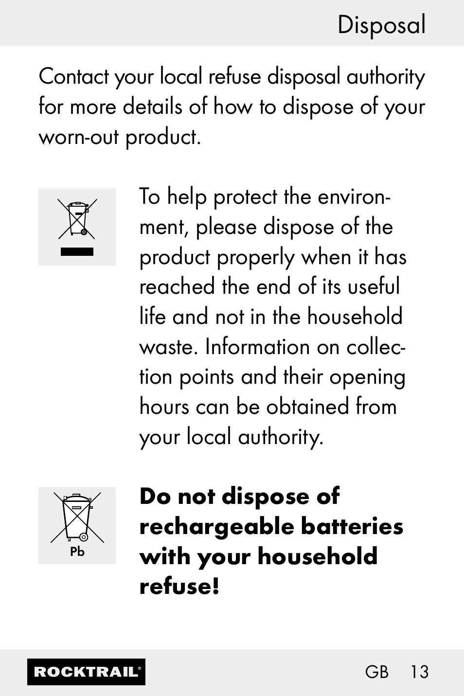 Disposal | Rocktrail Z30693 User Manual | Page 13 / 71