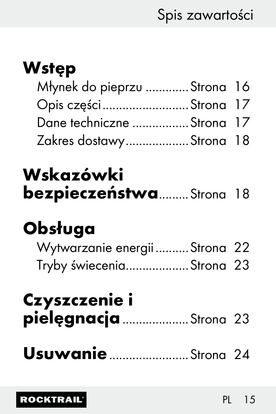 Wstęp, Wskazówki bezpieczeństwa, Obsługa | Czyszczenie i pielęgnacja, Usuwanie | Rocktrail Z30693 User Manual | Page 15 / 71