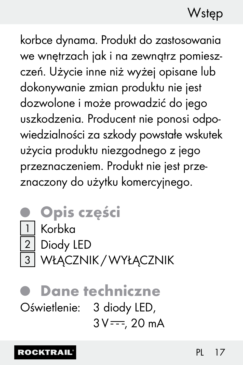 Opis części, Dane techniczne, Wstęp | Rocktrail Z30693 User Manual | Page 17 / 71