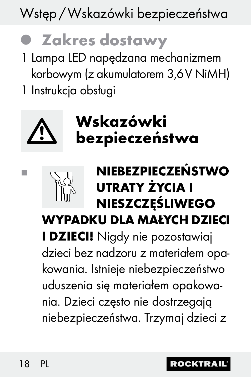 Zakres dostawy, Wskazówki bezpieczeństwa | Rocktrail Z30693 User Manual | Page 18 / 71