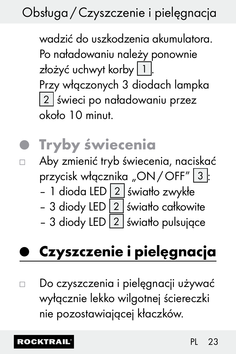 Tryby świecenia, Czyszczenie i pielęgnacja, Obsługa / czyszczenie i pielęgnacja | Rocktrail Z30693 User Manual | Page 23 / 71