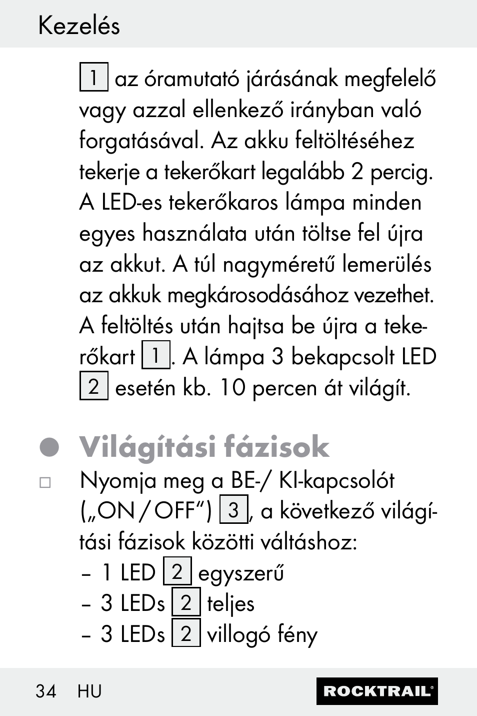 Világítási fázisok, Kezelés | Rocktrail Z30693 User Manual | Page 34 / 71