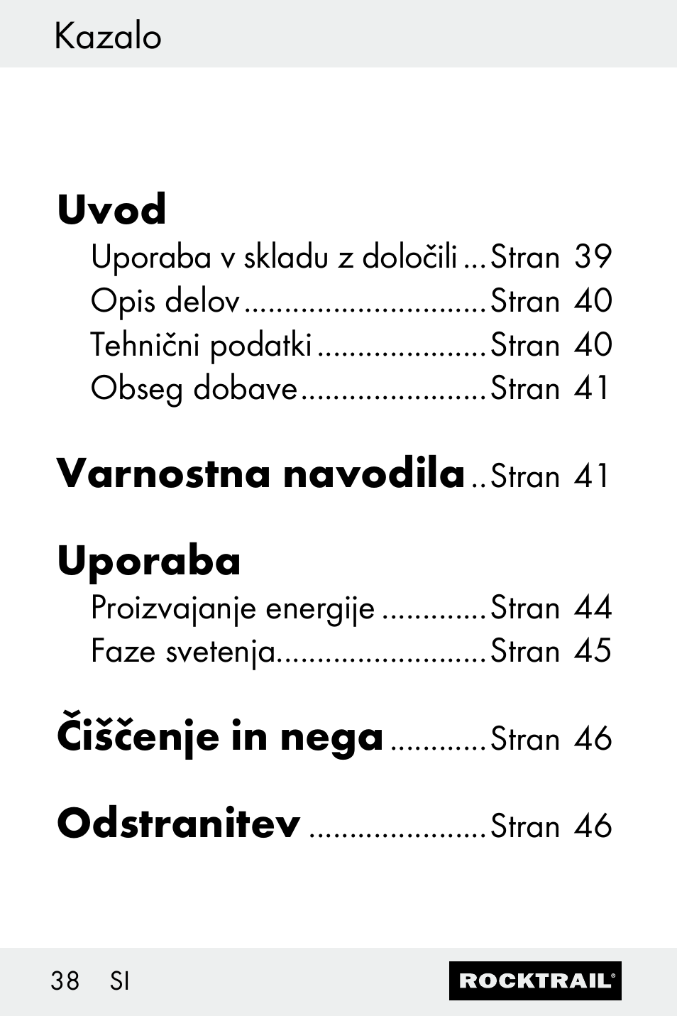 Uvod, Varnostna navodila, Uporaba | Čiščenje in nega, Odstranitev | Rocktrail Z30693 User Manual | Page 38 / 71