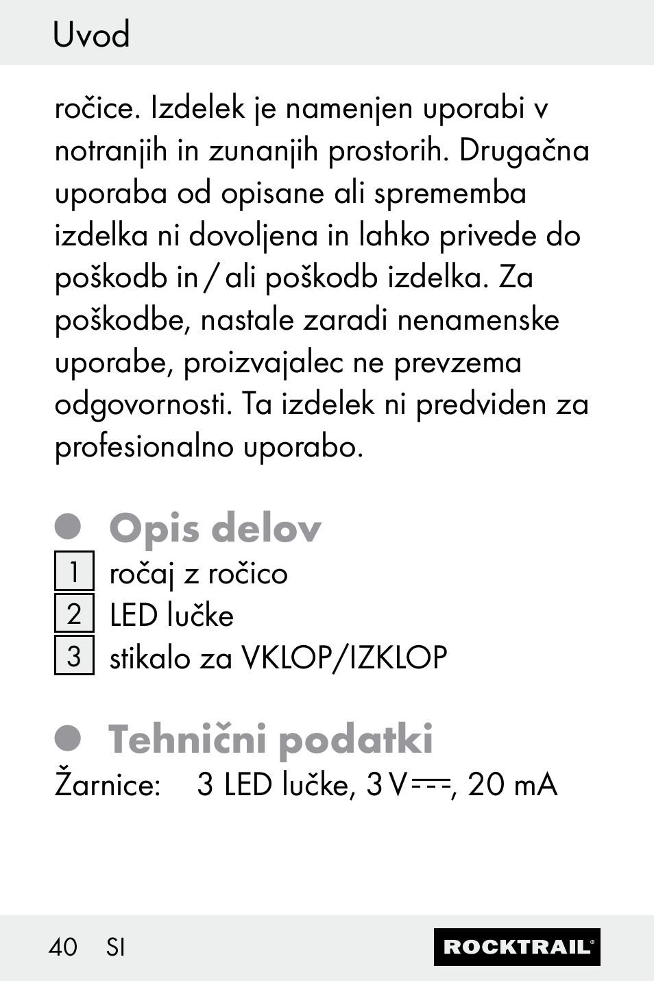 Opis delov, Tehnični podatki, Uvod | Rocktrail Z30693 User Manual | Page 40 / 71