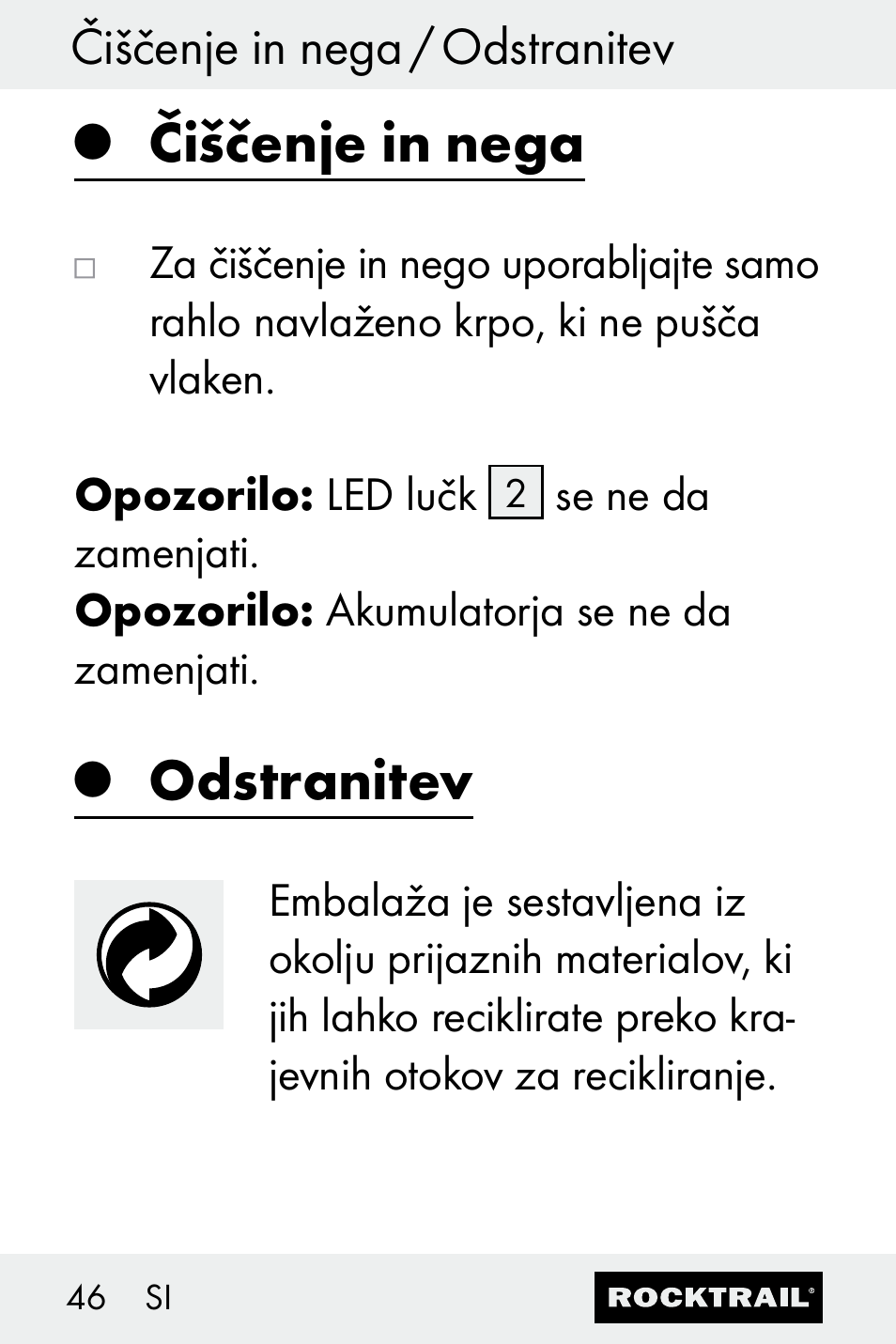 Čiščenje in nega, Odstranitev | Rocktrail Z30693 User Manual | Page 46 / 71