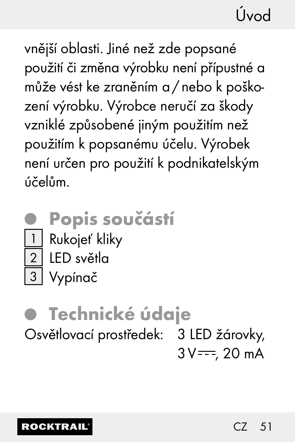 Popis součástí, Technické údaje, Úvod | Rocktrail Z30693 User Manual | Page 51 / 71