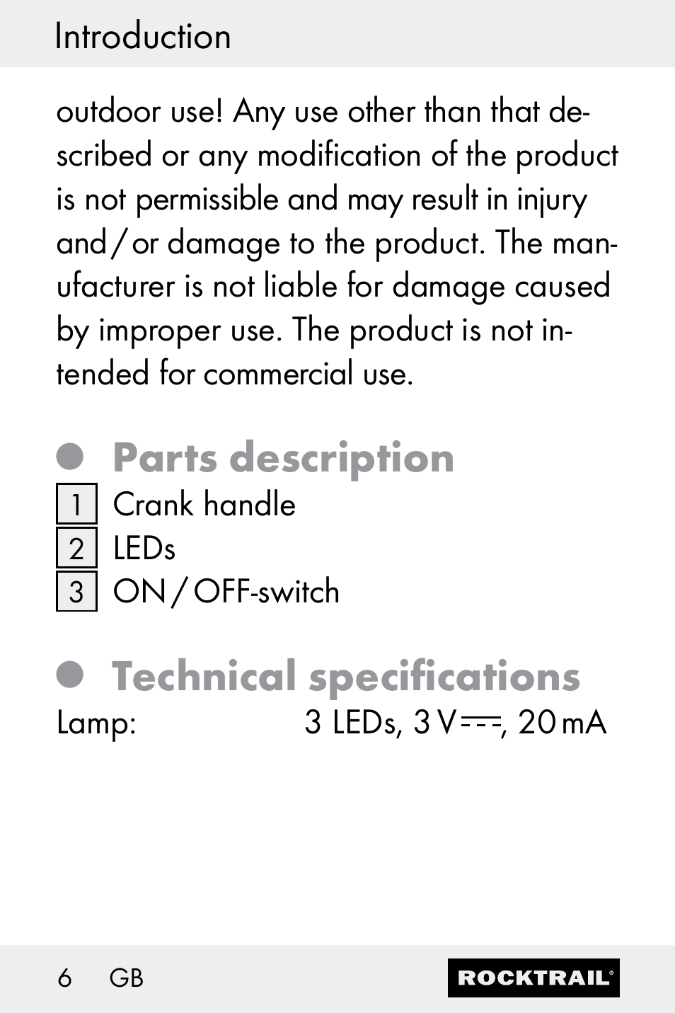 Parts description, Technical specifications, Introduction | Rocktrail Z30693 User Manual | Page 6 / 71