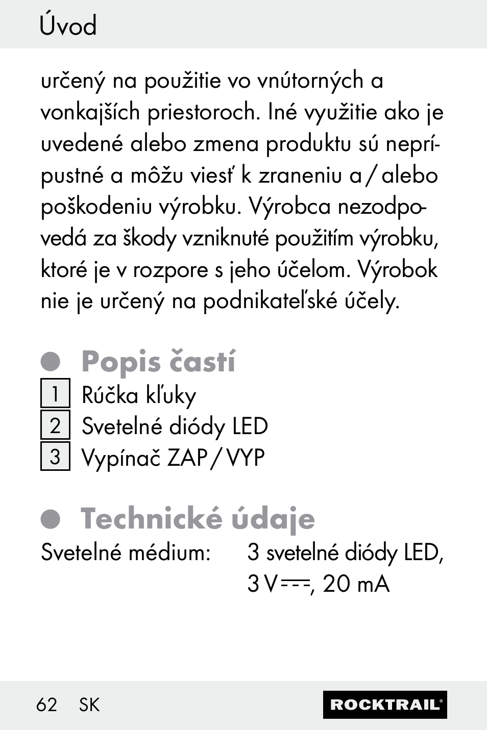 Popis častí, Technické údaje, Úvod | Rocktrail Z30693 User Manual | Page 62 / 71