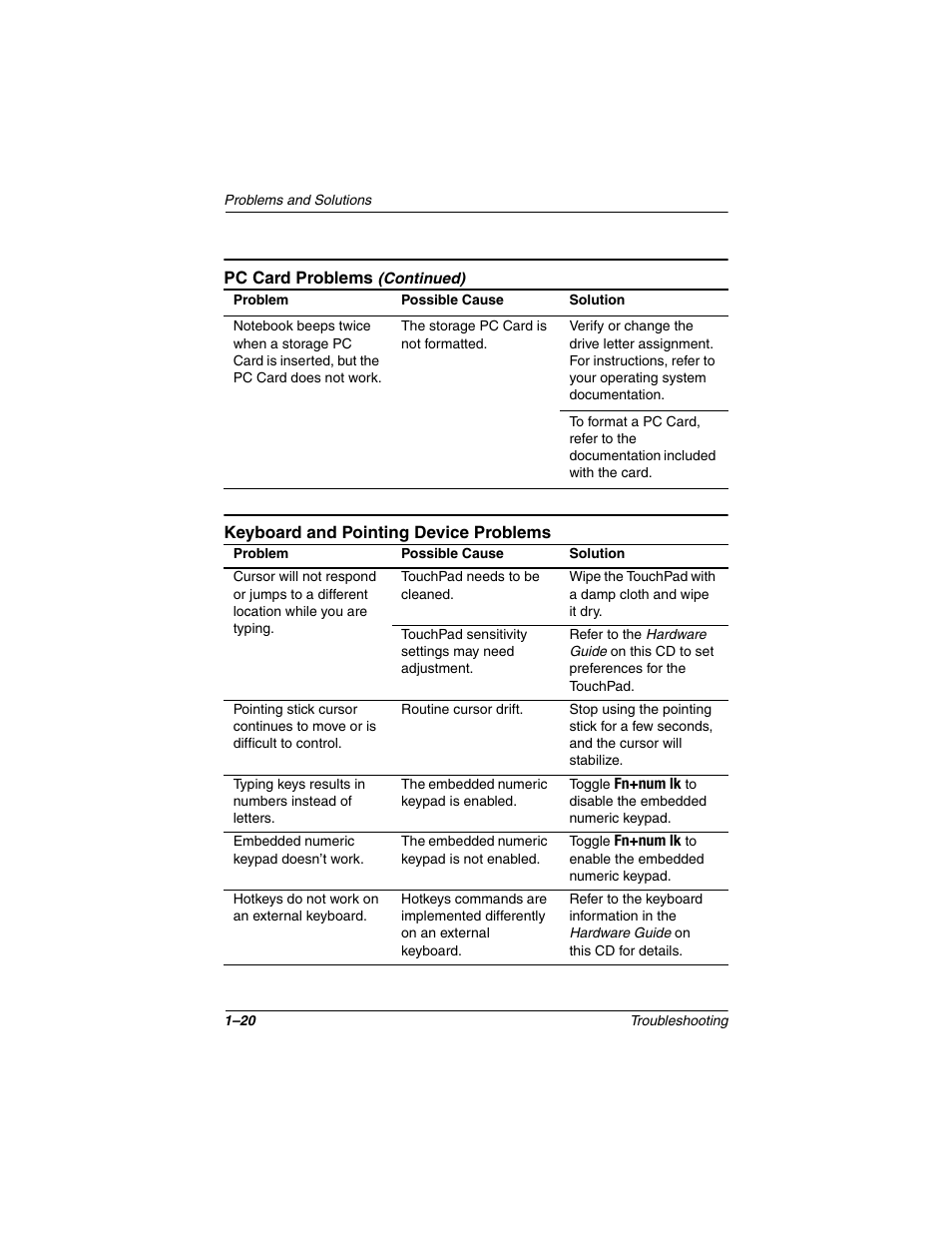 Keyboard and pointing device problems, Keyboard and pointing device problems –20 | Compaq 267644-001 User Manual | Page 23 / 34