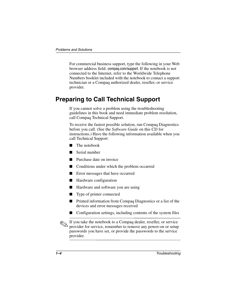 Preparing to call technical support, Preparing to call technical support –4 | Compaq 267644-001 User Manual | Page 7 / 34