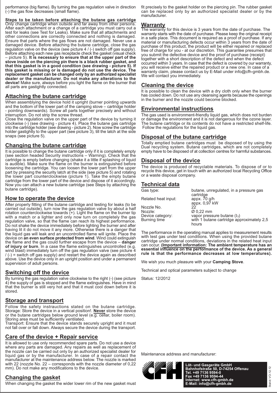 Attaching the butane cartridge, Changing the butane cartridge, How to operate the device | Switching off the device, Storage and transport, Care of the device + repair service, Changing the gasket, Warranty, Cleaning the device, Environmental instructions | Rocktrail BG 2010 User Manual | Page 2 / 2