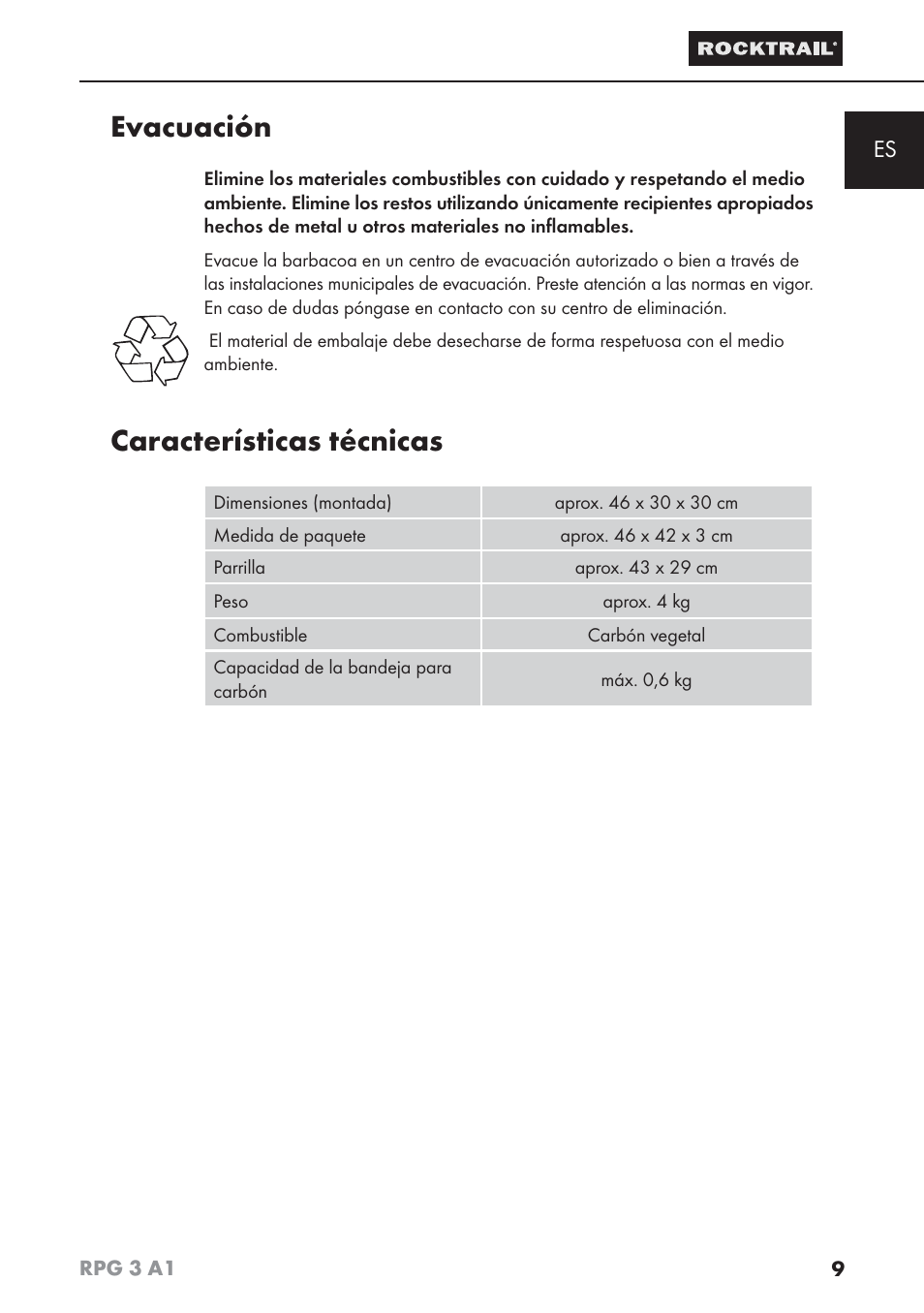 Evacuación, Características técnicas | Rocktrail RPG 3 A1 User Manual | Page 11 / 42