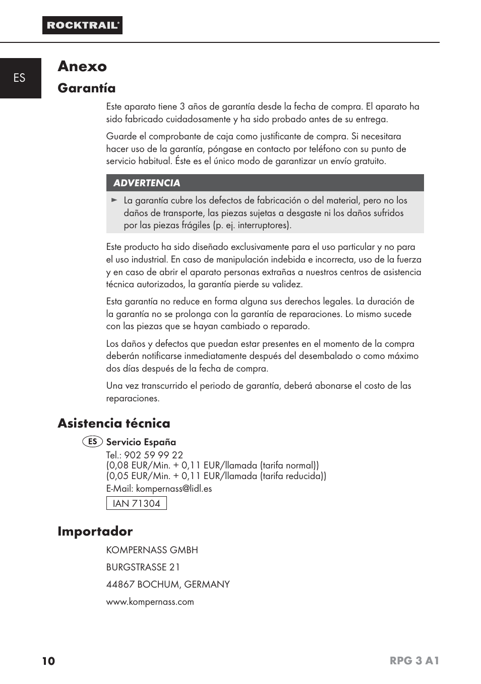 Anexo, Garantía, Asistencia técnica | Importador | Rocktrail RPG 3 A1 User Manual | Page 12 / 42