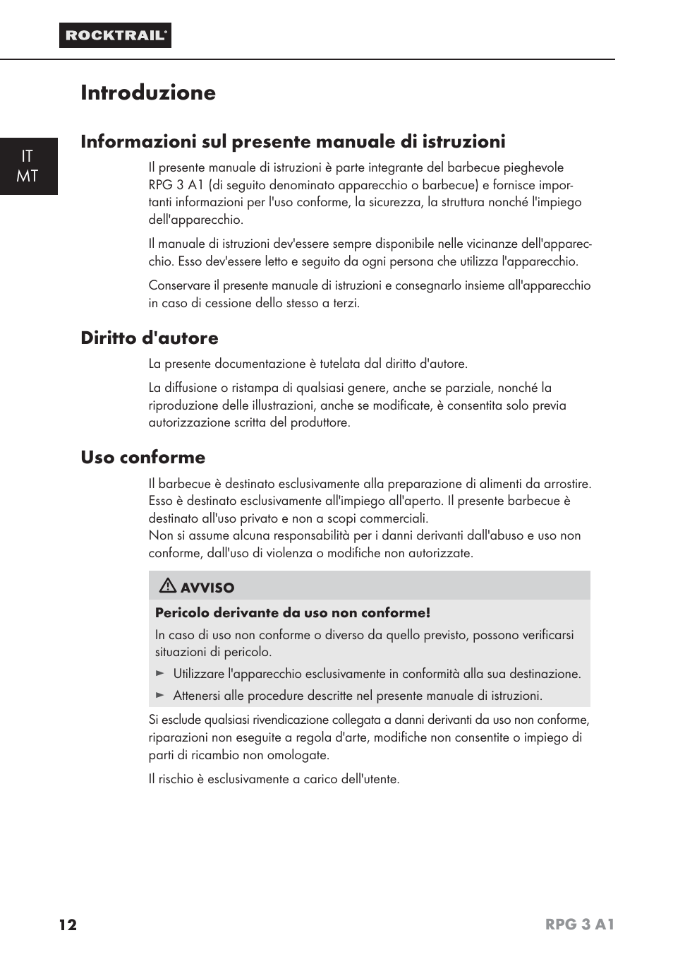 Introduzione, Informazioni sul presente manuale di istruzioni, Diritto d'autore | Uso conforme, It mt | Rocktrail RPG 3 A1 User Manual | Page 14 / 42