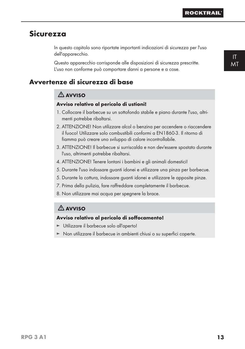 Sicurezza, Avvertenze di sicurezza di base, It mt | Rocktrail RPG 3 A1 User Manual | Page 15 / 42