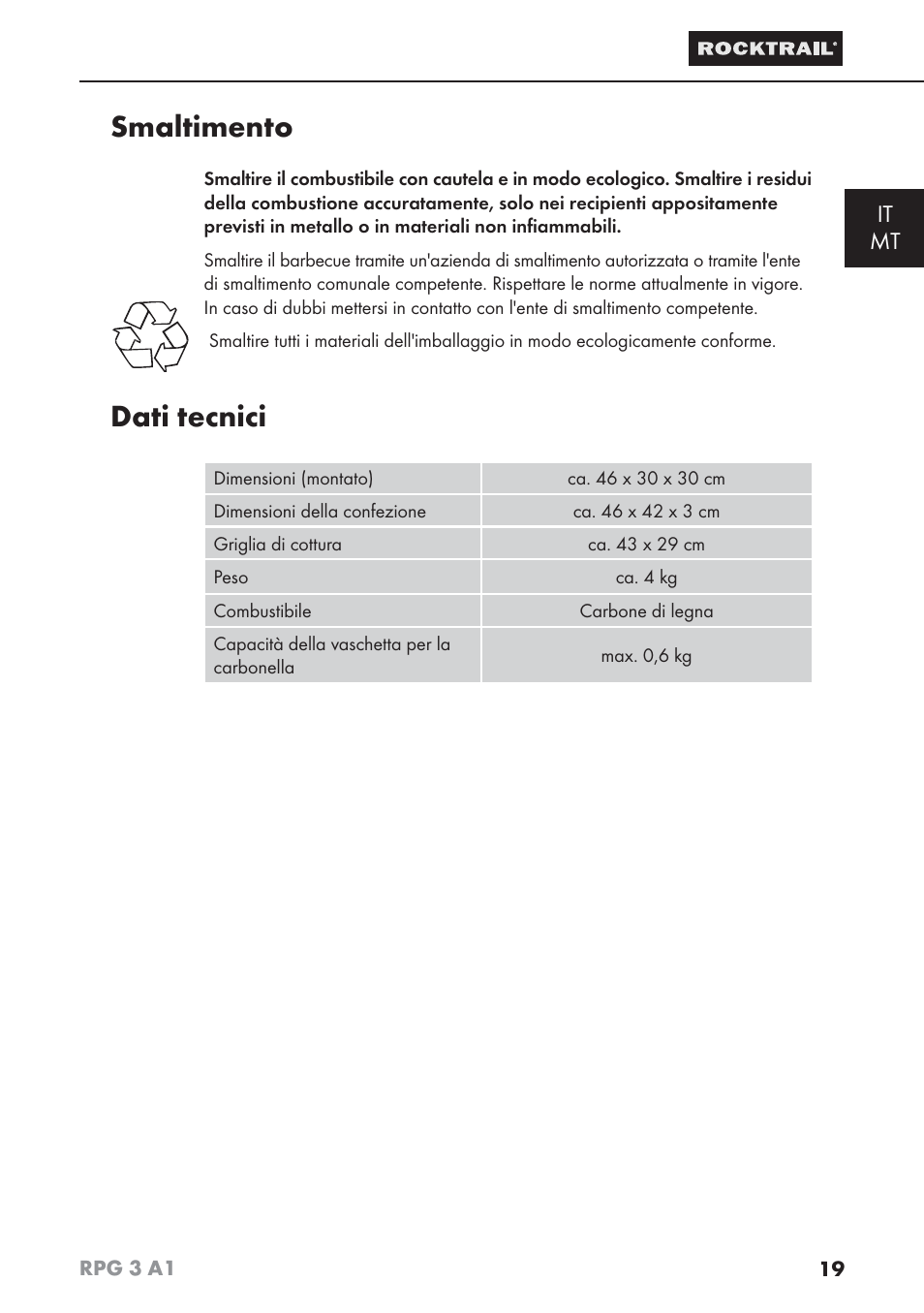 Smaltimento, Dati tecnici, It mt | Rocktrail RPG 3 A1 User Manual | Page 21 / 42