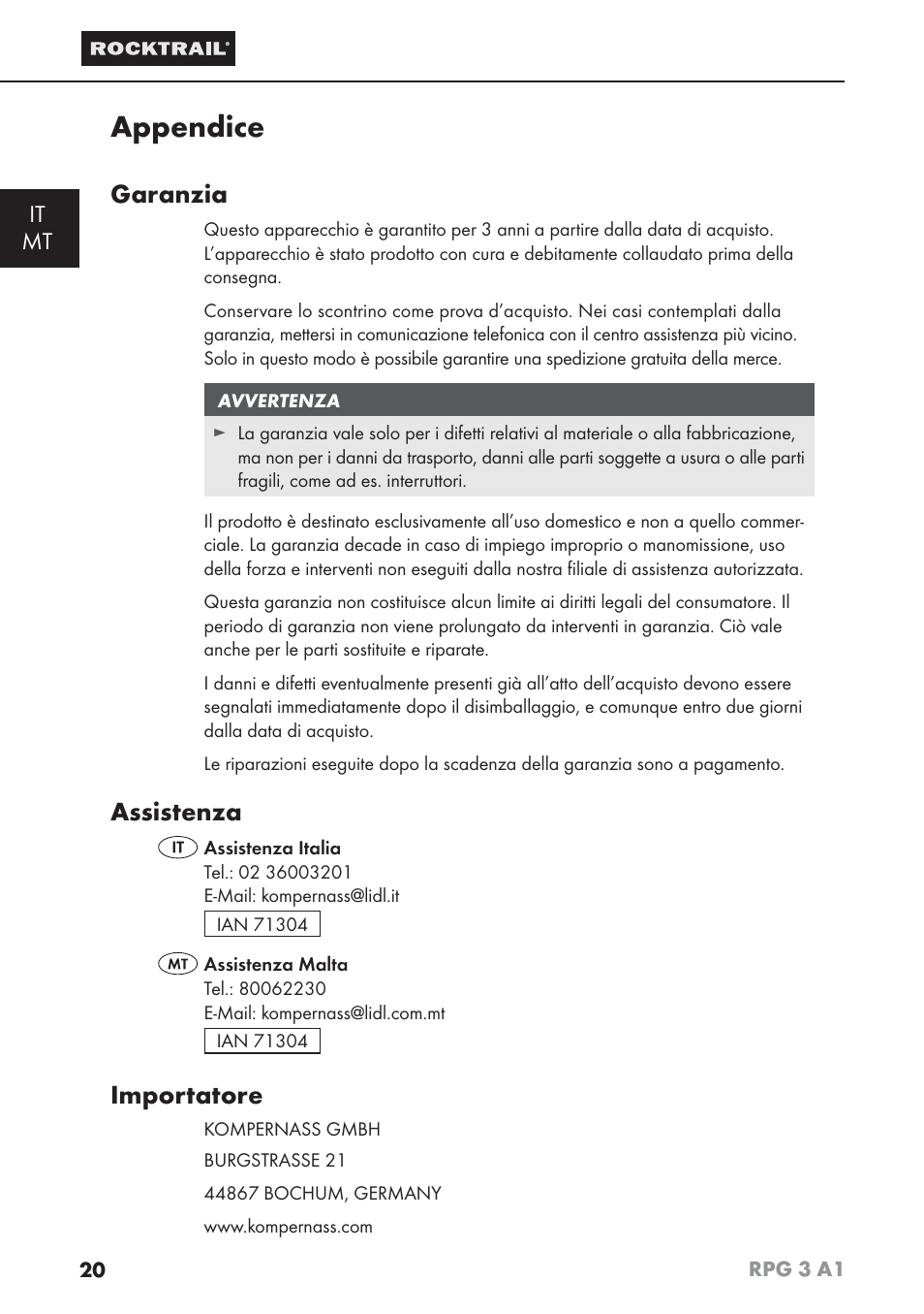 Appendice, Garanzia, Assistenza | Importatore, It mt | Rocktrail RPG 3 A1 User Manual | Page 22 / 42