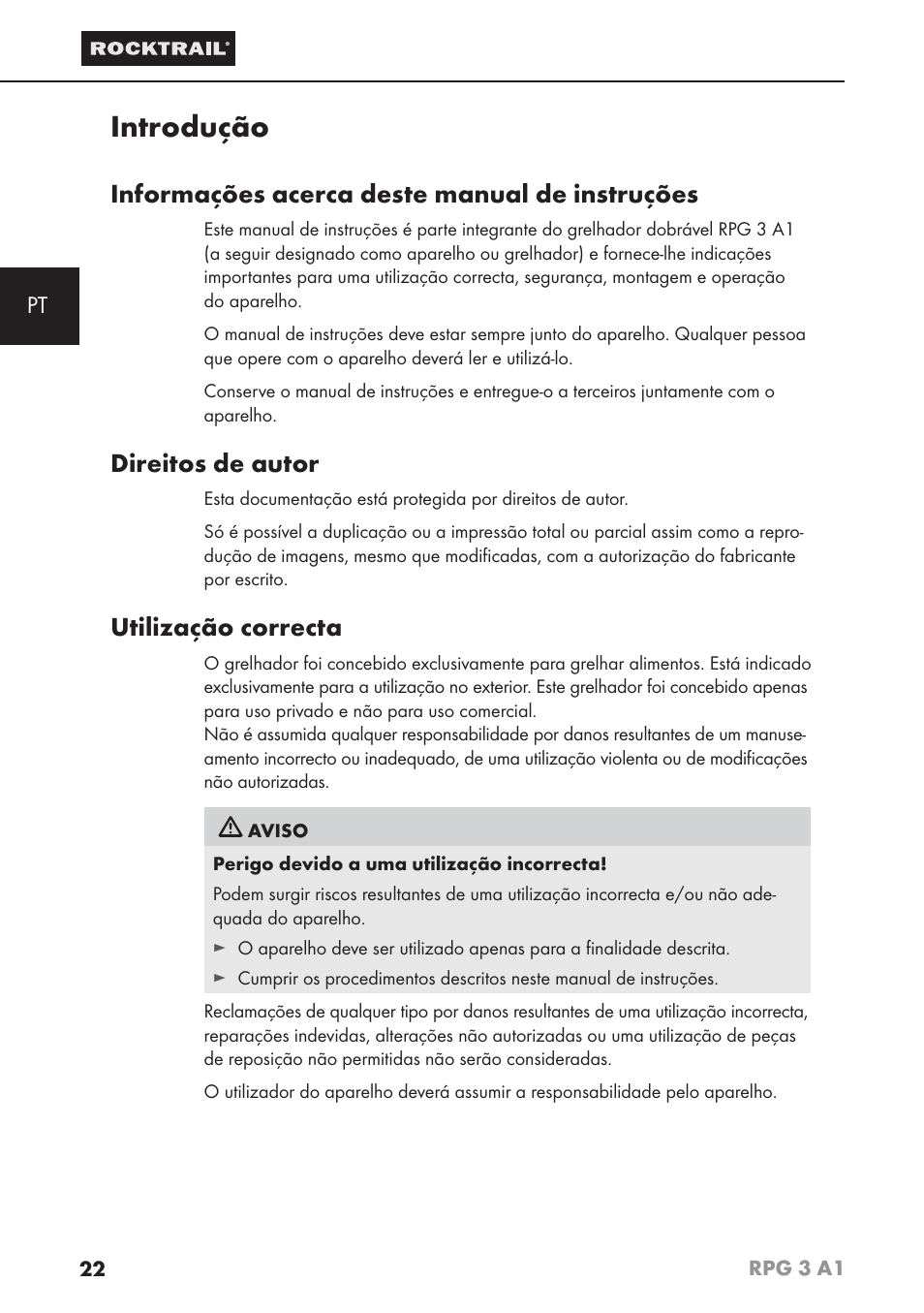 Introdução, Informações acerca deste manual de instruções, Direitos de autor | Utilização correcta | Rocktrail RPG 3 A1 User Manual | Page 24 / 42