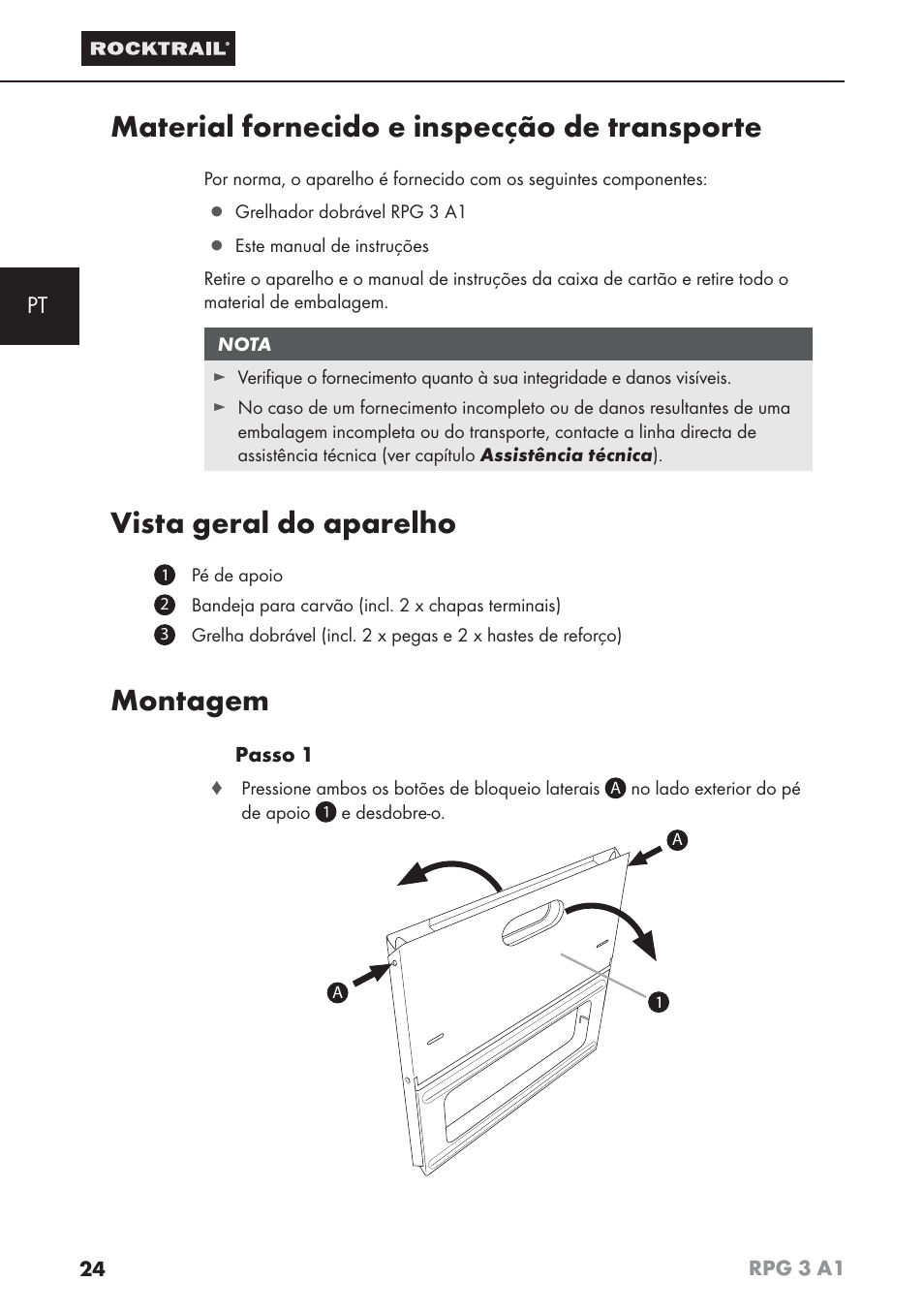 Material fornecido e inspecção de transporte, Vista geral do aparelho, Montagem | Rocktrail RPG 3 A1 User Manual | Page 26 / 42