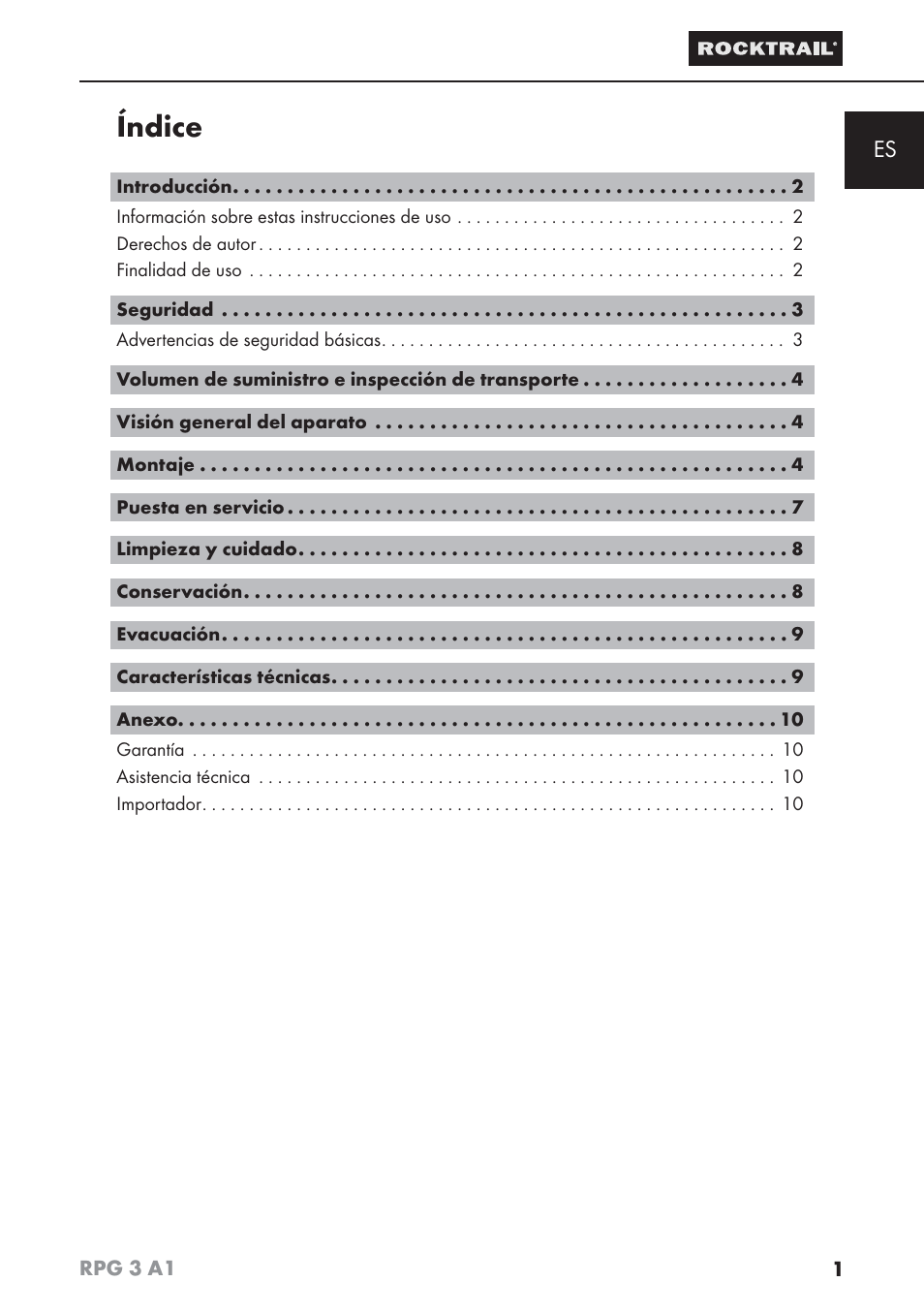 Índice | Rocktrail RPG 3 A1 User Manual | Page 3 / 42