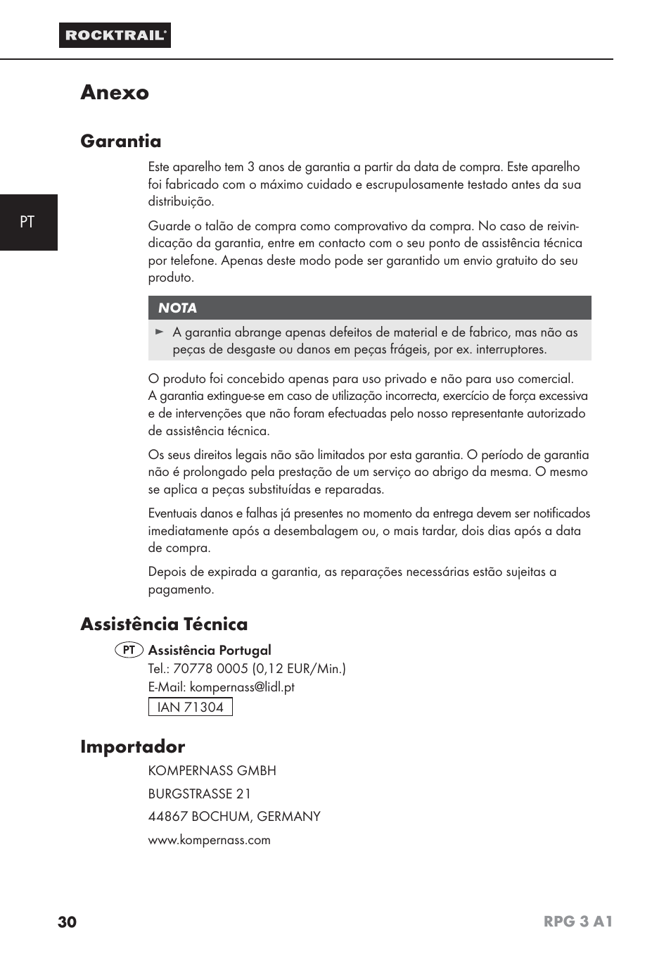 Anexo, Garantia, Assistência técnica | Importador | Rocktrail RPG 3 A1 User Manual | Page 32 / 42