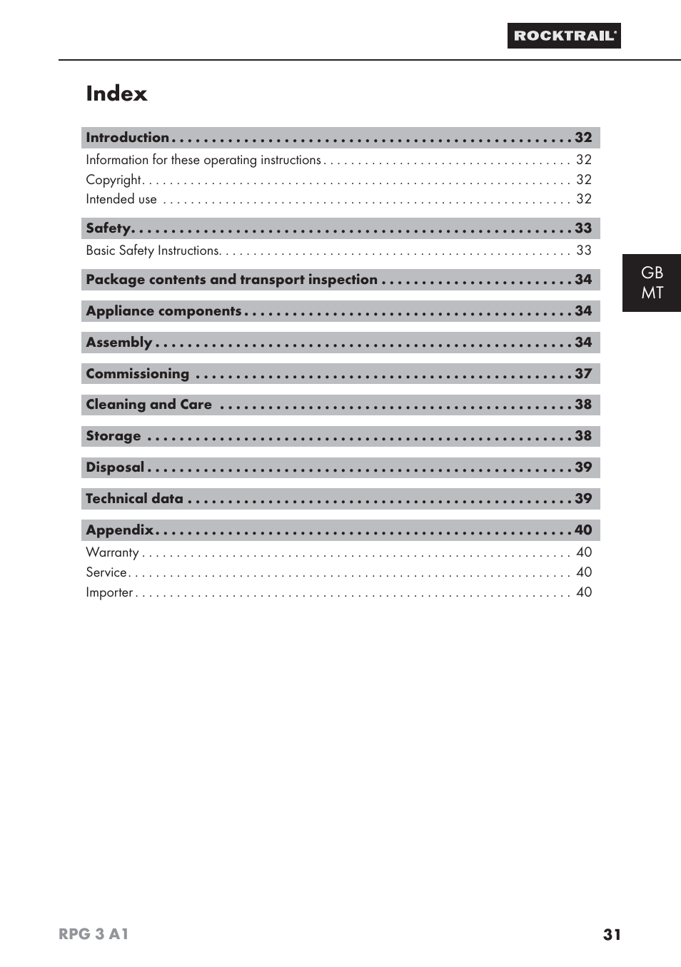 Index, Gb mt | Rocktrail RPG 3 A1 User Manual | Page 33 / 42