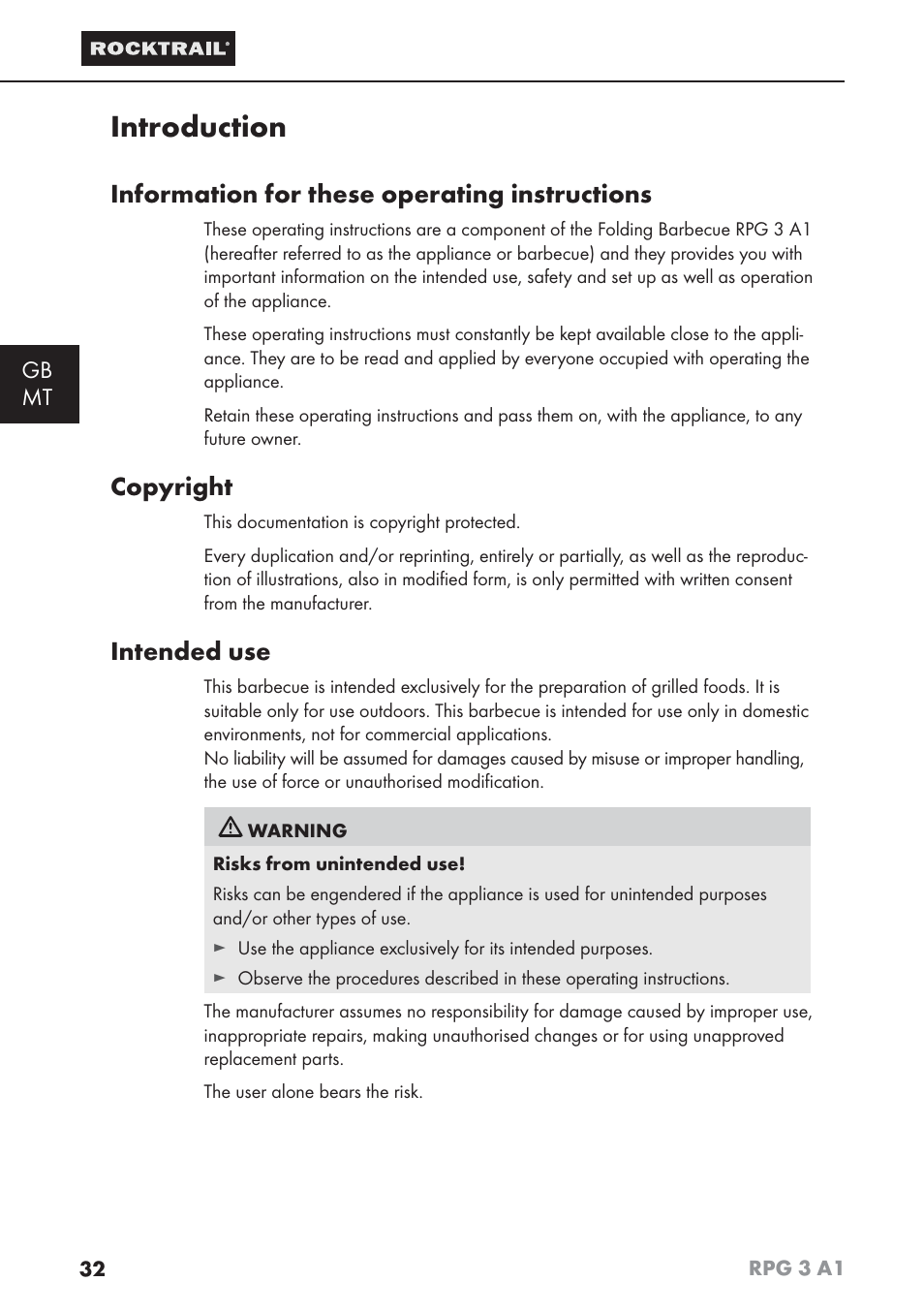 Introduction, Information for these operating instructions, Copyright | Intended use, Gb mt | Rocktrail RPG 3 A1 User Manual | Page 34 / 42
