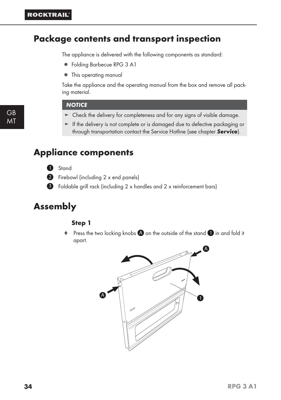 Package contents and transport inspection, Appliance components, Assembly | Gb mt | Rocktrail RPG 3 A1 User Manual | Page 36 / 42