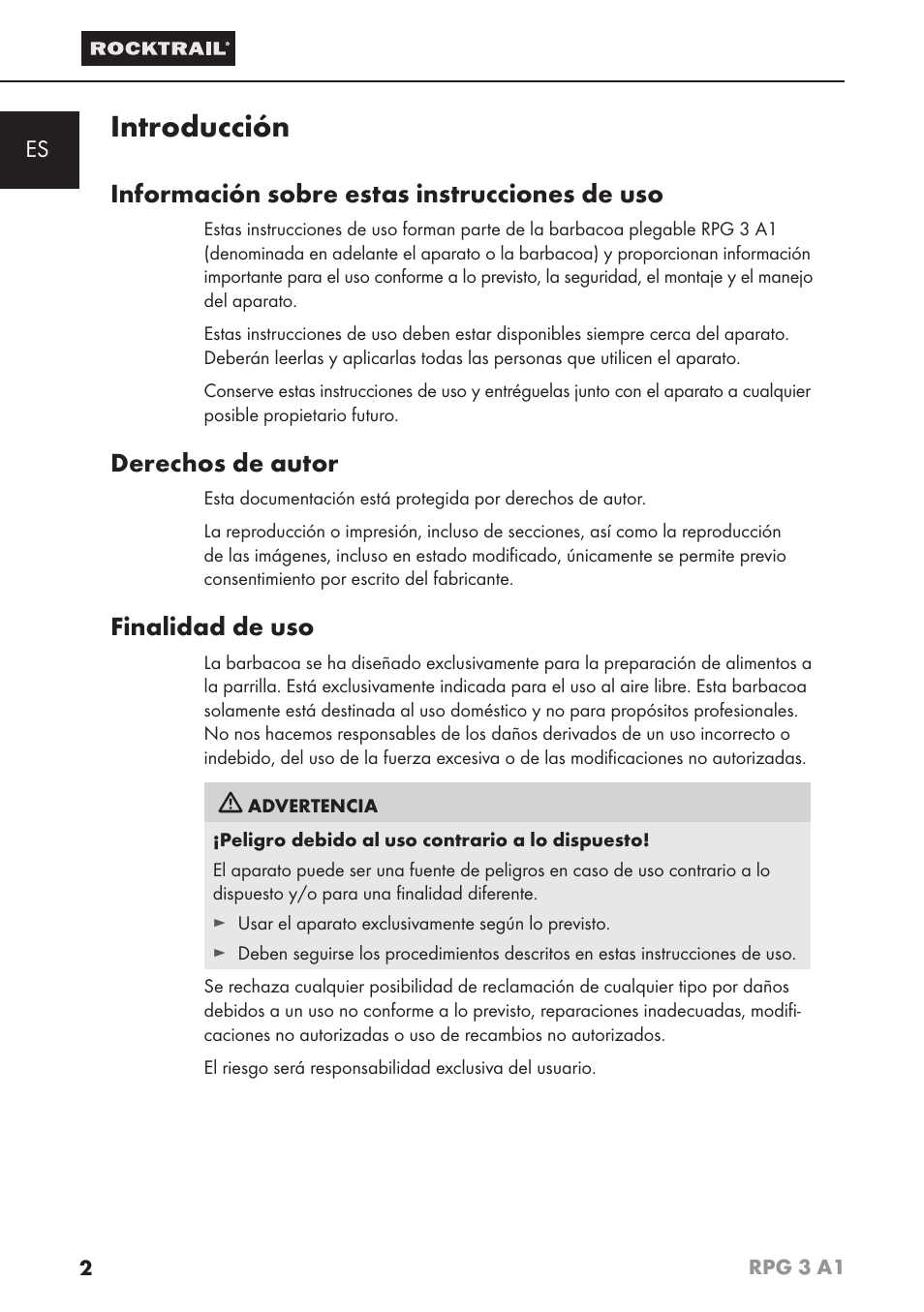 Introducción, Información sobre estas instrucciones de uso, Derechos de autor | Finalidad de uso | Rocktrail RPG 3 A1 User Manual | Page 4 / 42