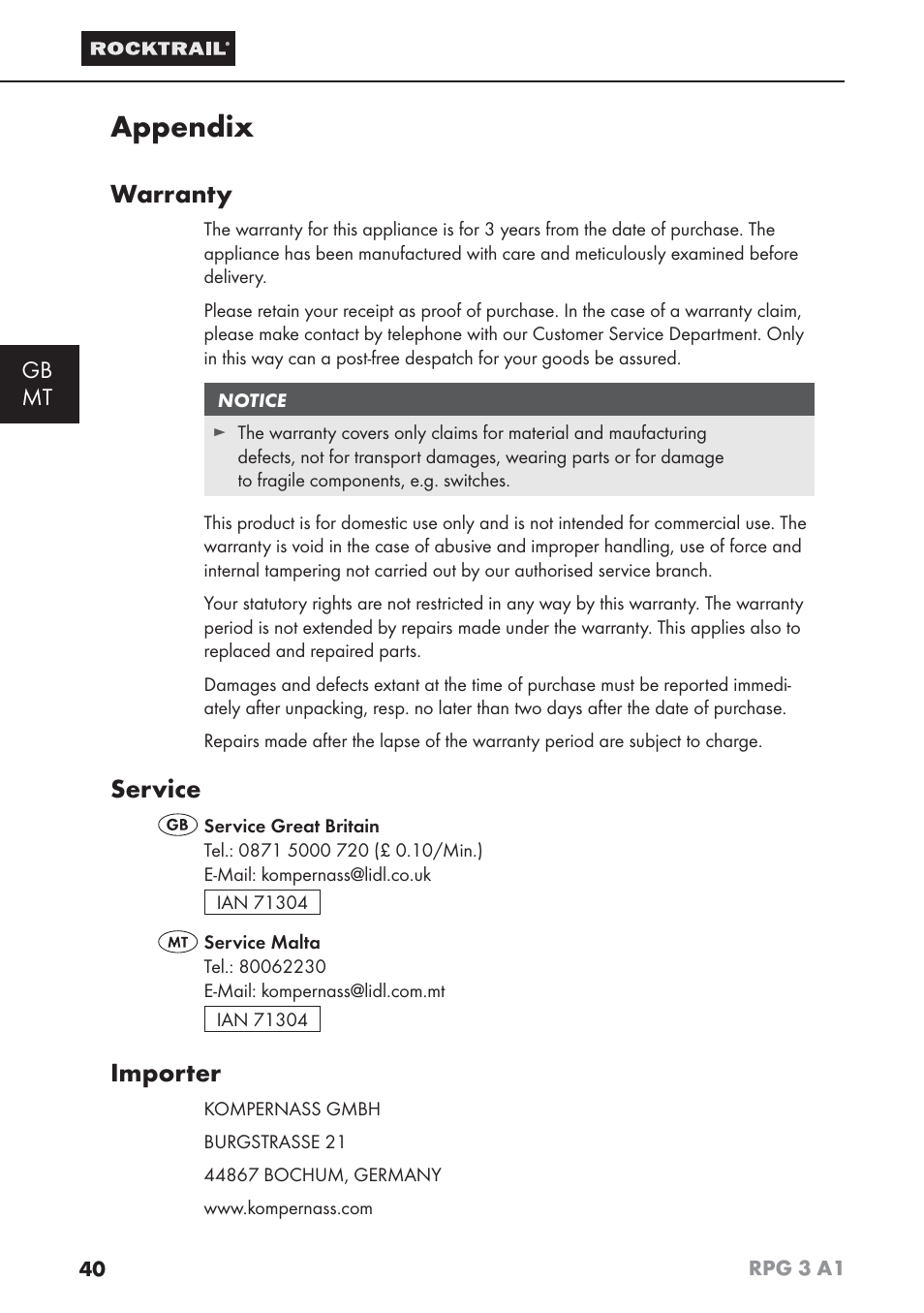 Appendix, Warranty, Service | Importer, Gb mt | Rocktrail RPG 3 A1 User Manual | Page 42 / 42